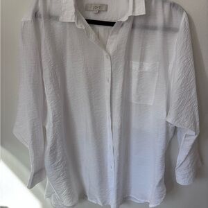 LOFT White Collared Button Blouse with Black Trim